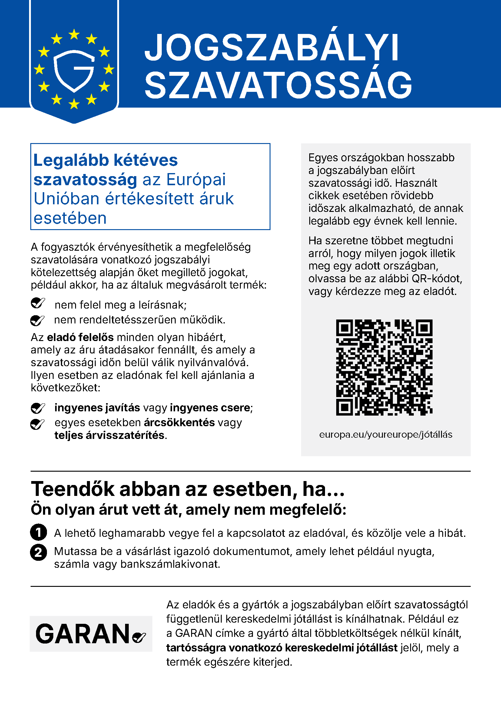 Jogszabályi szavatosság – EU harmonizált értesítés