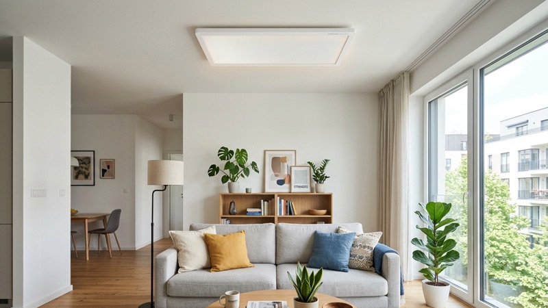 Mennyezeti infrapanel egy világos nappaliban